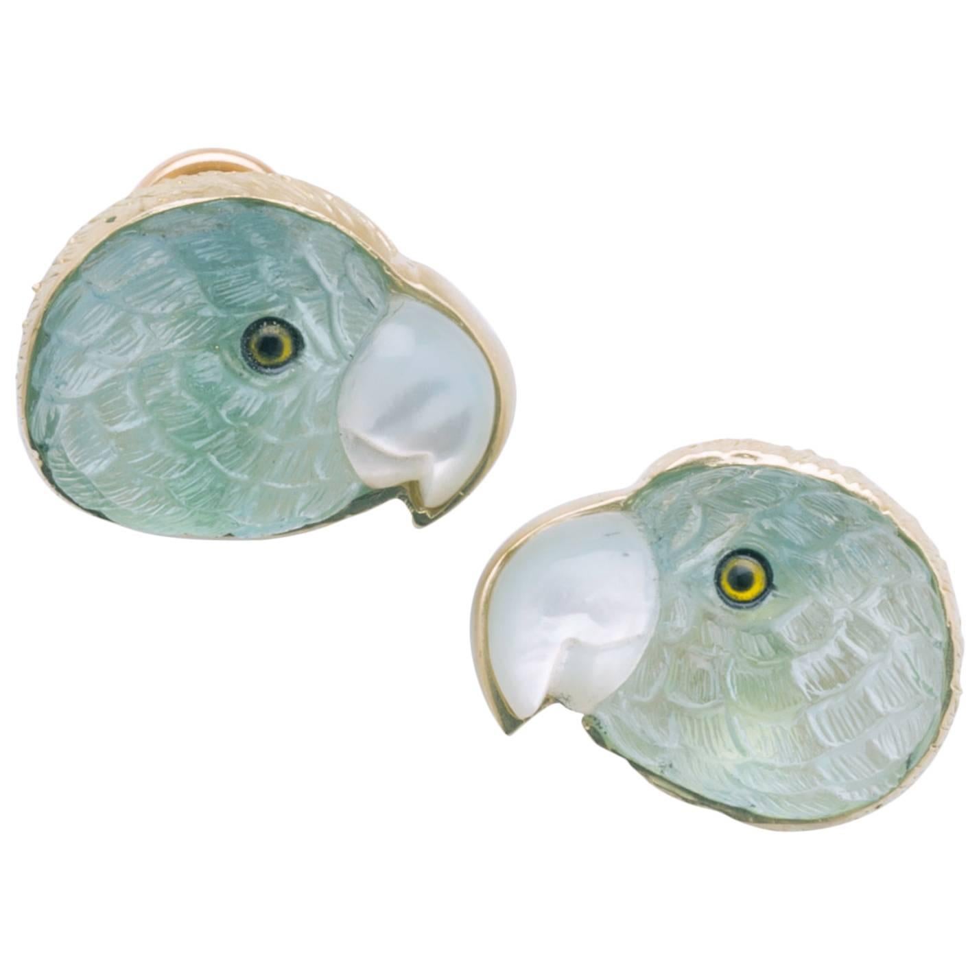Aquamarine Mother-of-Pearl Gold Parrot Earrings