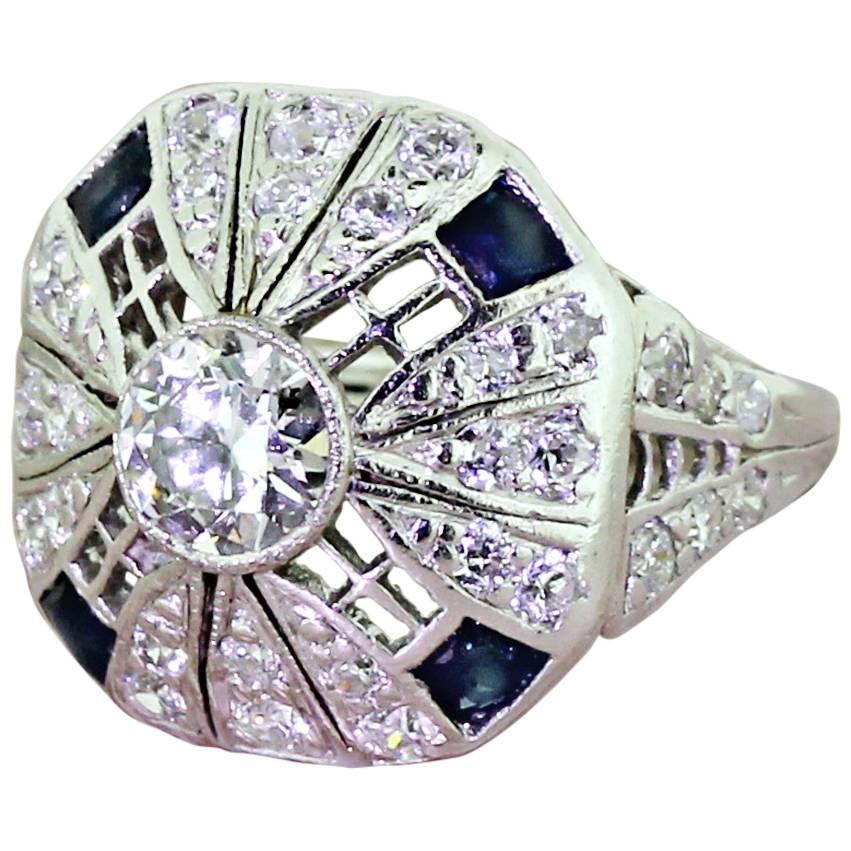 Art Deco Old European Cut Diamond Sapphire Platinum Cocktail Ring For Sale
