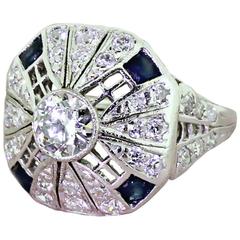 Art Deco Old European Cut Diamond Sapphire Platinum Cocktail Ring