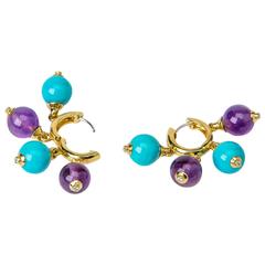 Playful Turquoise Amethyst diamond Gold Hoop Earrings