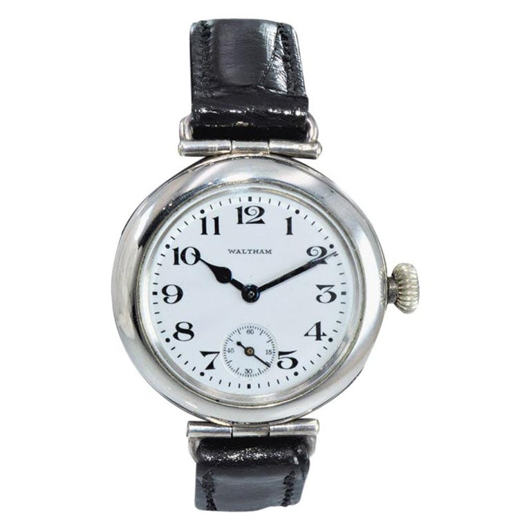 Waltham Silver Campaign Style Manual Wristwatch from 1918 with Enamel Dial For Sale
