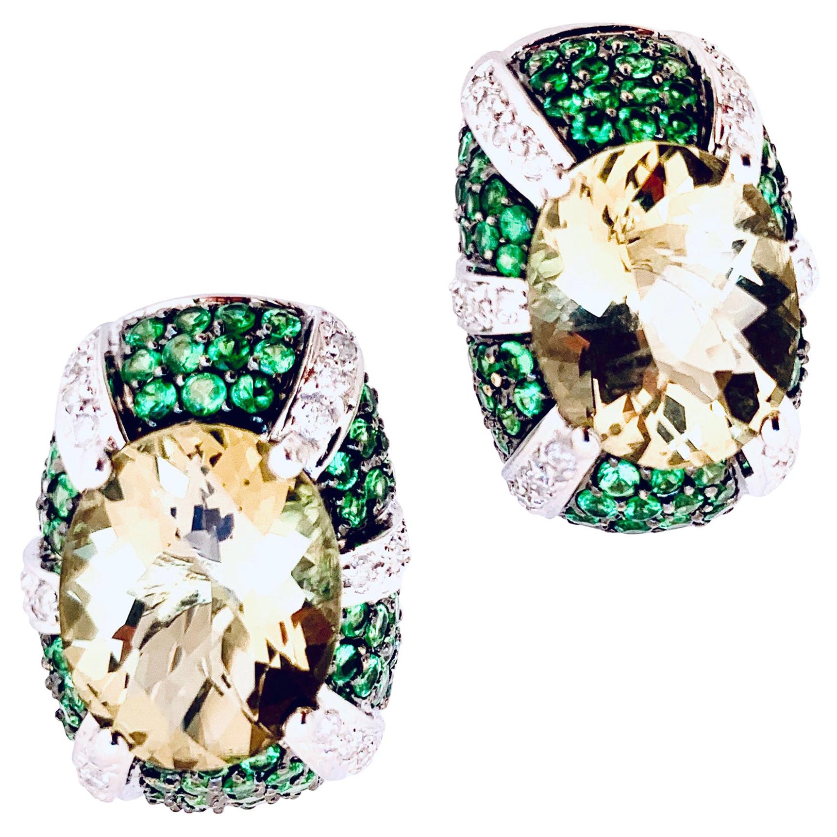 Art Deco Style Tsavorite Garnet Diamond Quartz 14K White Gold Flower Earrings For Sale