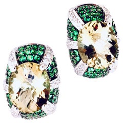 Art Deco Style Tsavorite Garnet Diamond Quartz 14K White Gold Flower Earrings
