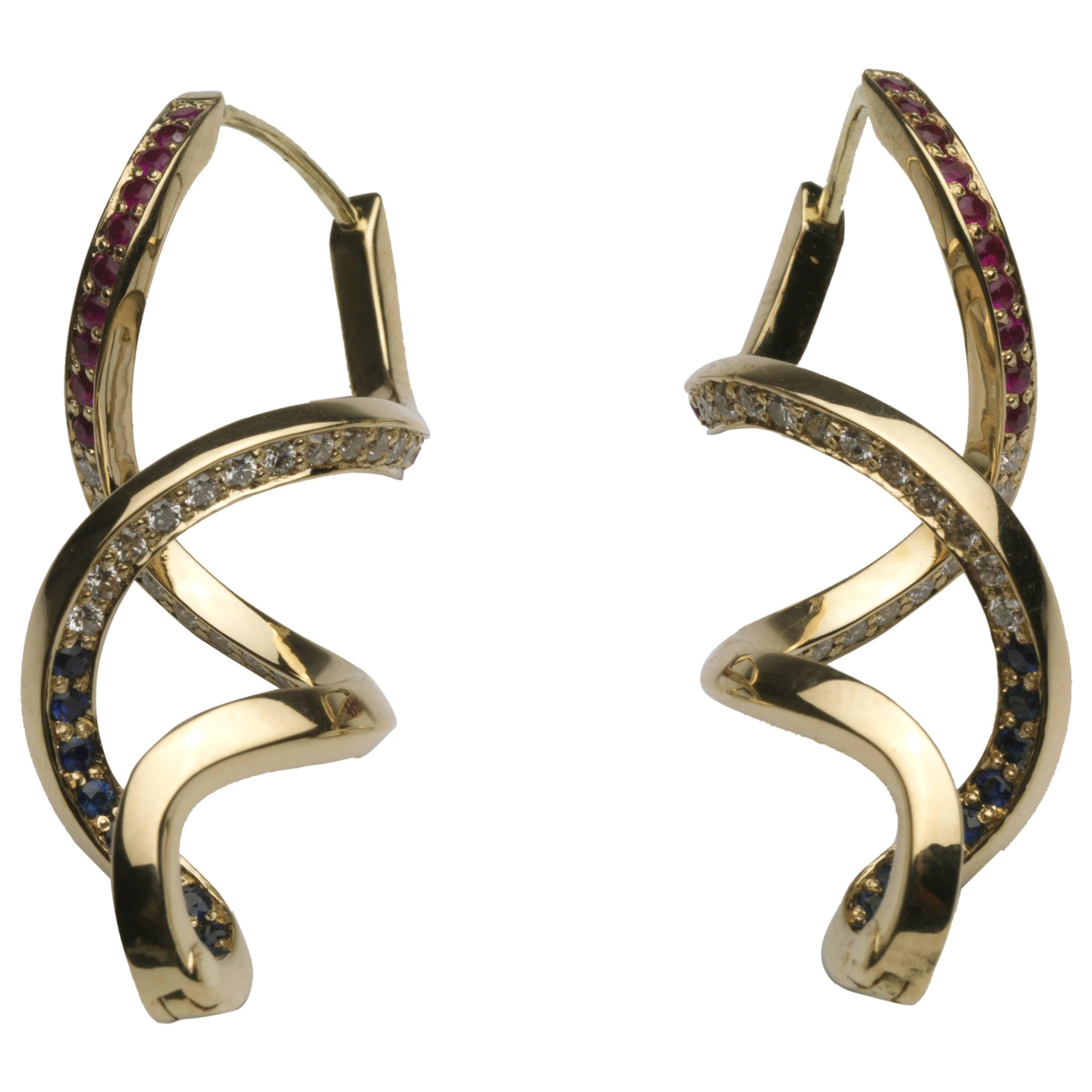 Henk Stallinga Sapphire Ruby Diamond and Gold Earrings For Sale