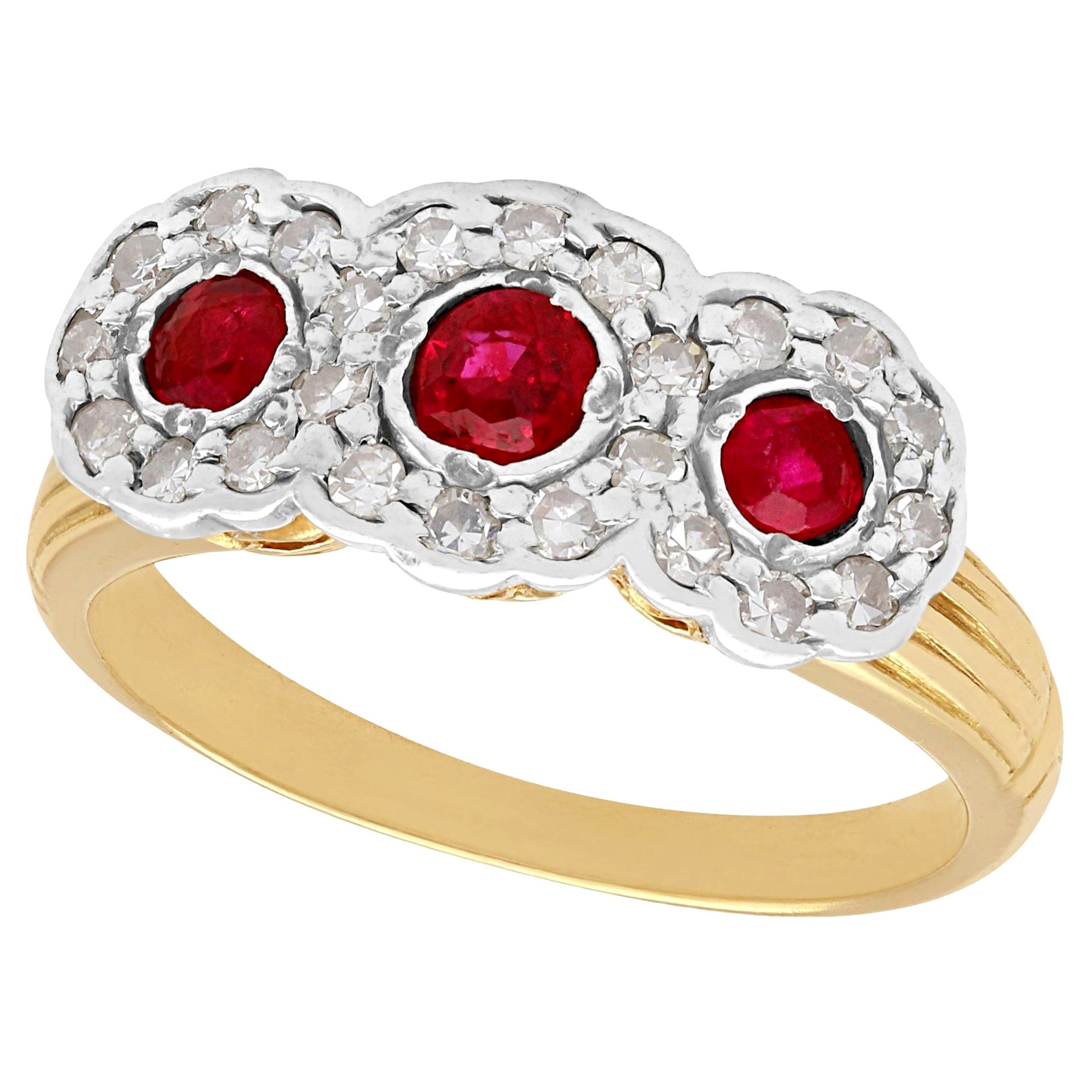 Antique 1910s Ruby and Diamond Yellow Gold Three Stone Cocktail Ring