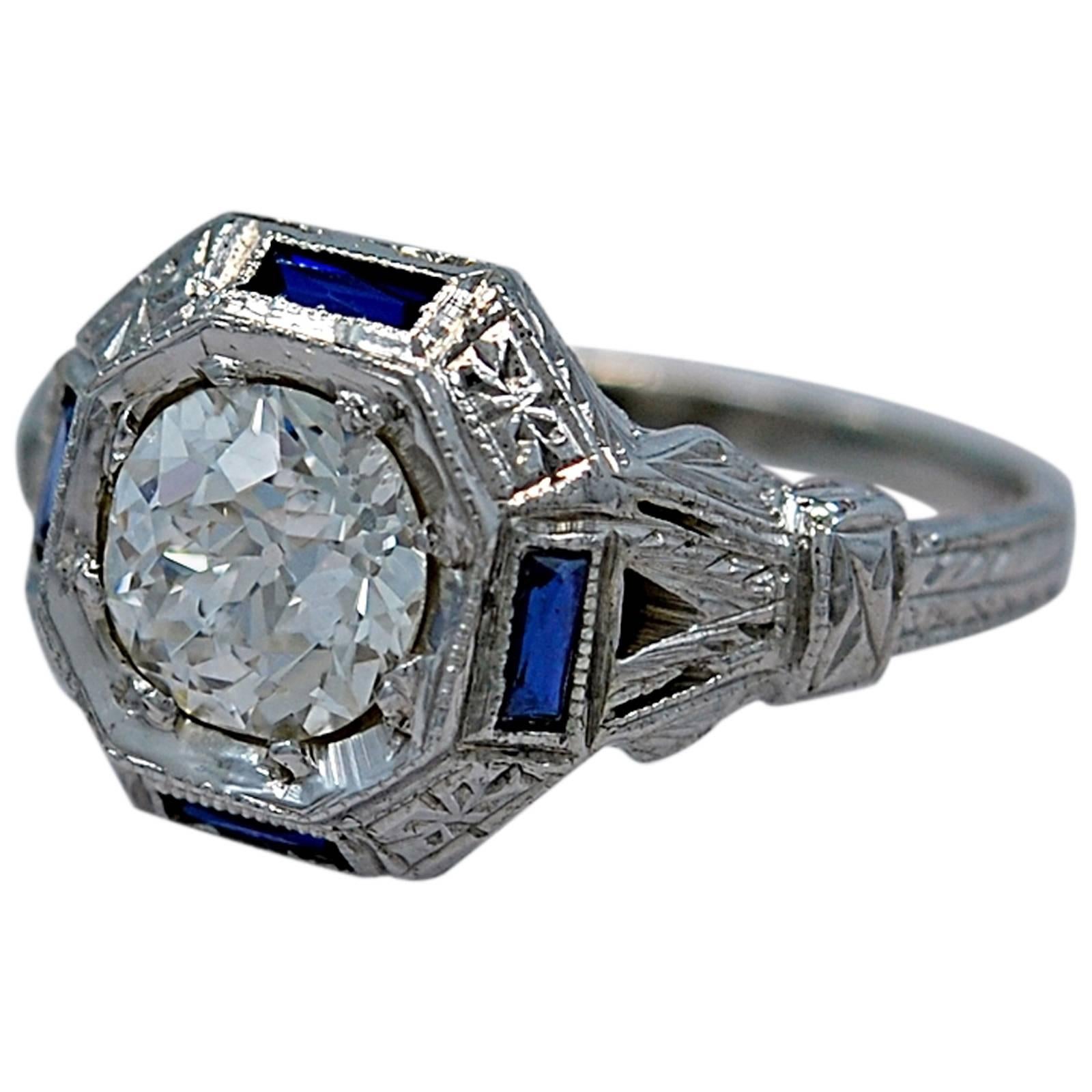 Art Deco 1.07 Carat Diamond Sapphire Gold Engagement Ring