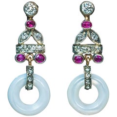 Art Deco Mother-of-Pearl Ruby Diamond silver gold  Dangle Earrings