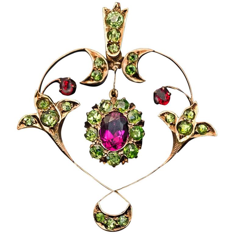 Antique Art Nouveau Tourmaline Demantoid Spinel Gold Pendant at 1stDibs