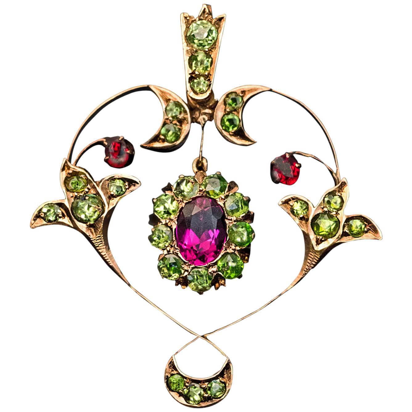  Antique Art Nouveau Tourmaline Demantoid Spinel Gold Pendant