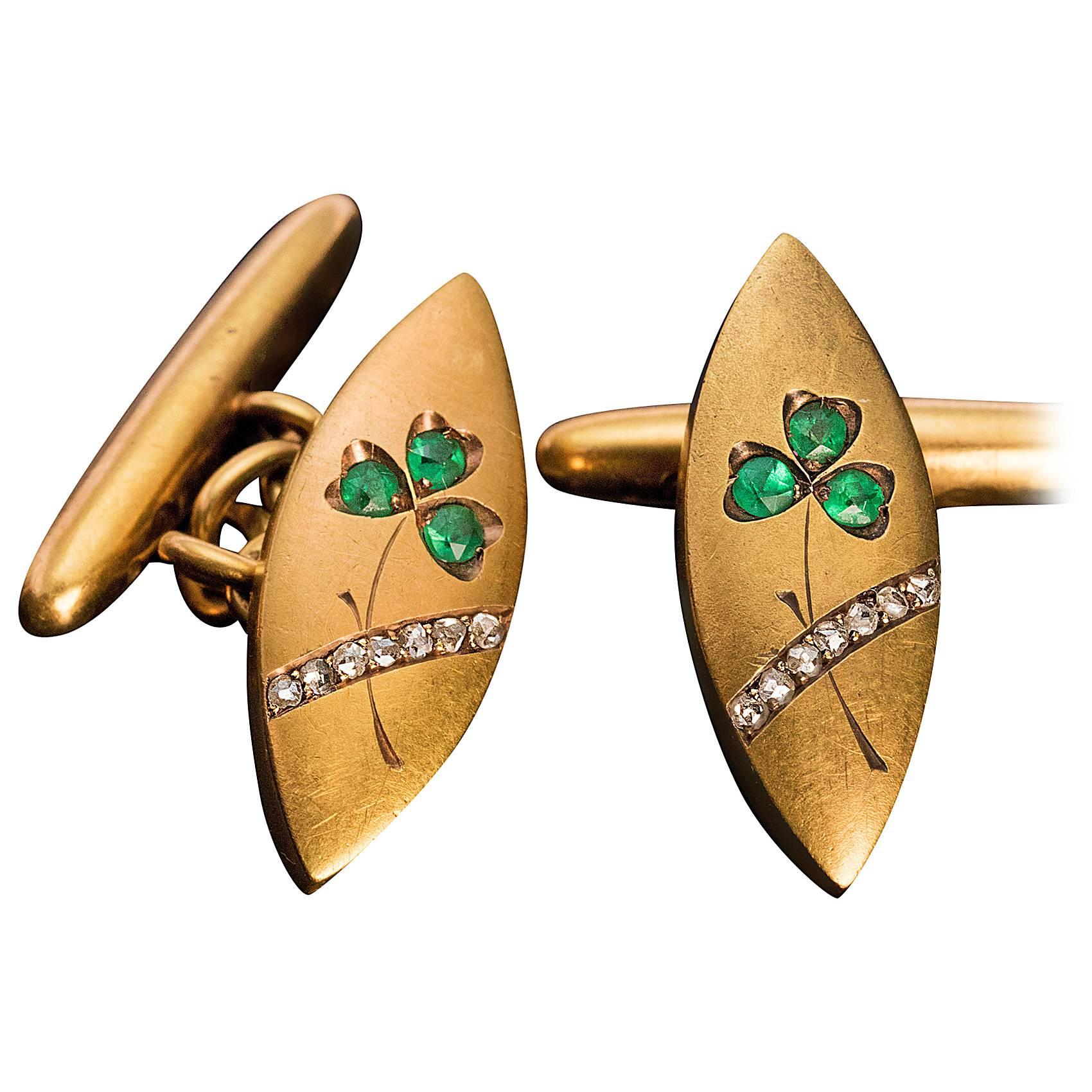 Art Nouveau Emerald Diamond Gold Cufflinks For Sale