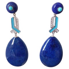 Retro Art Deco Style Lapis Lazuli Gold Turquoise Diamonds Blue Enamel Drop Earrings