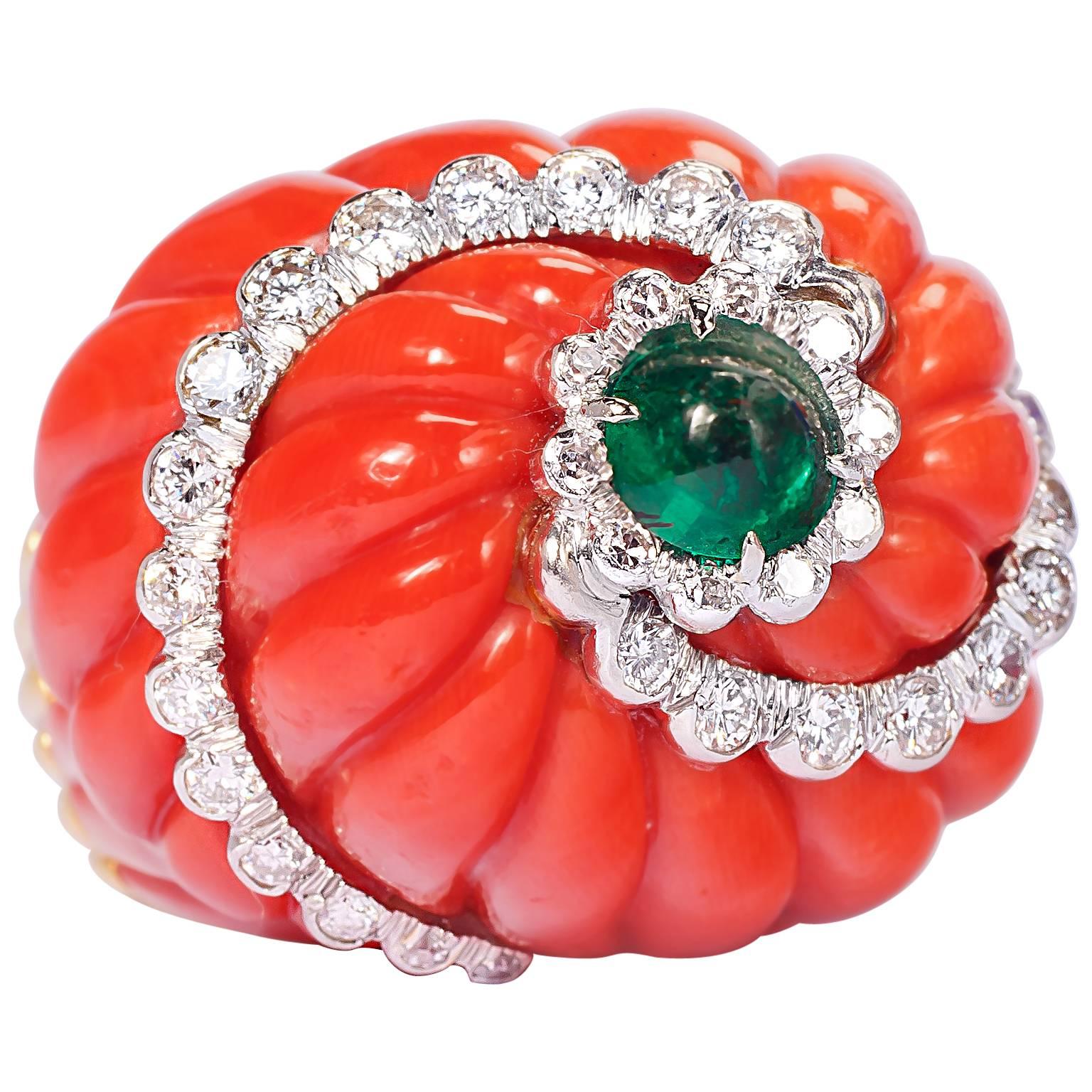 1960s David Webb Impressive Coral Emerald Diamond Gold Platinum Dome Ring For Sale