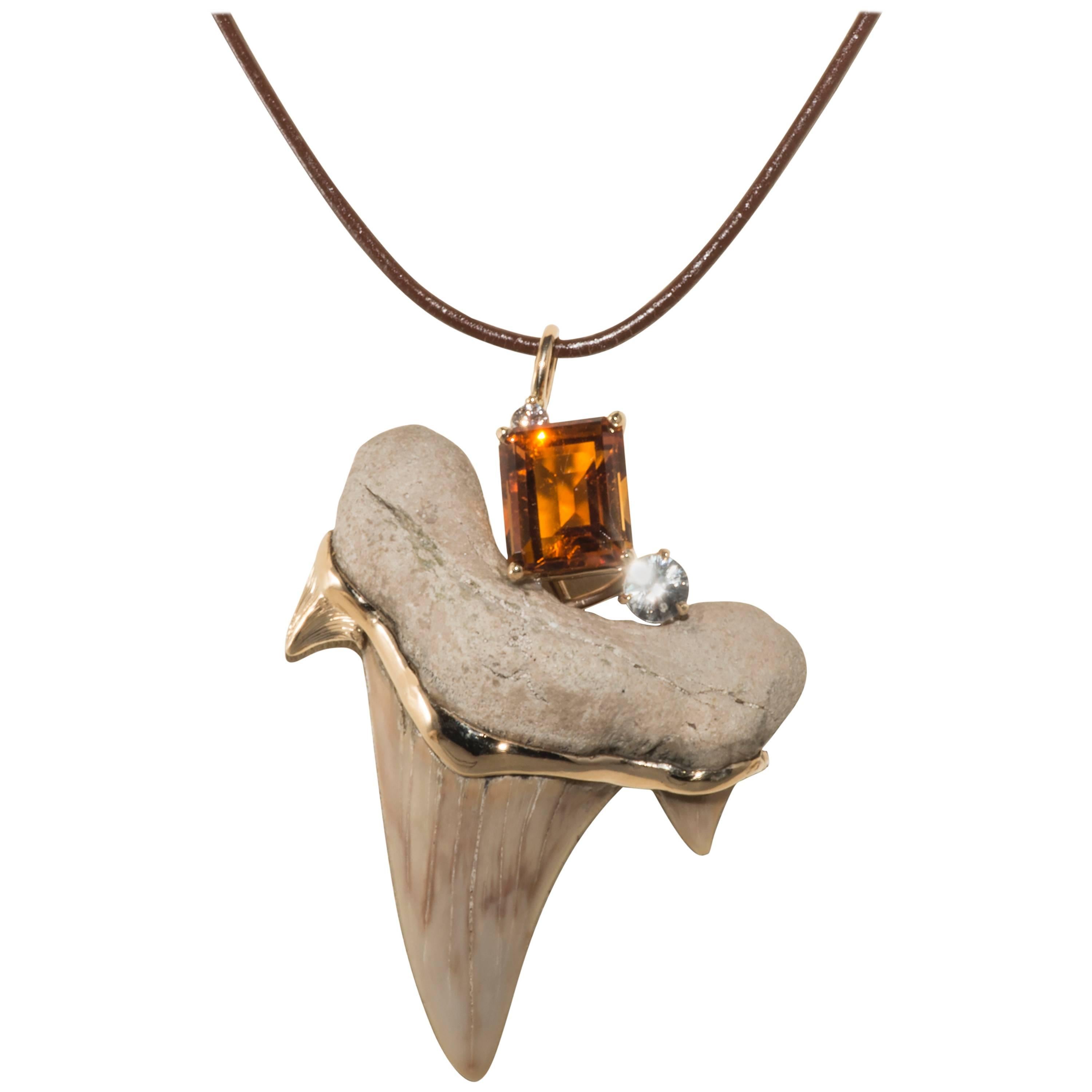 Citrine Natural Zircon Gold Fossilized Shark's Tooth Pendant  For Sale