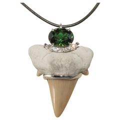 Tourmaline Diamond Gold Fossilized Shark's Tooth Pendant 3