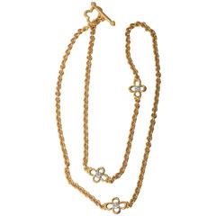 Cable link Yellow Gold Chain with Diamond Quatrefoils