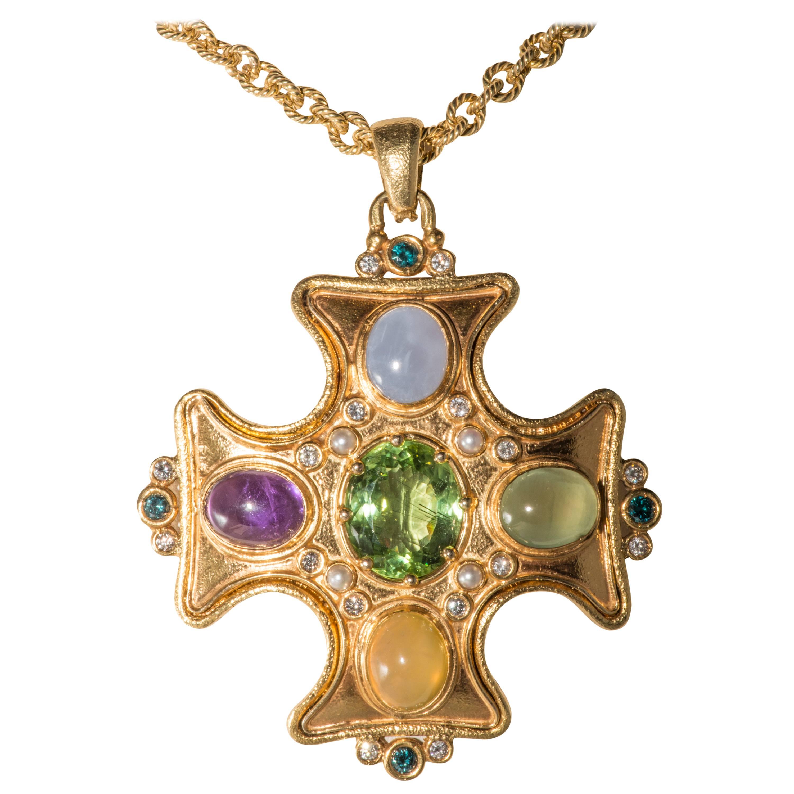 Maltese Cross Pendant with Semi Precious Stones For Sale at 1stDibs