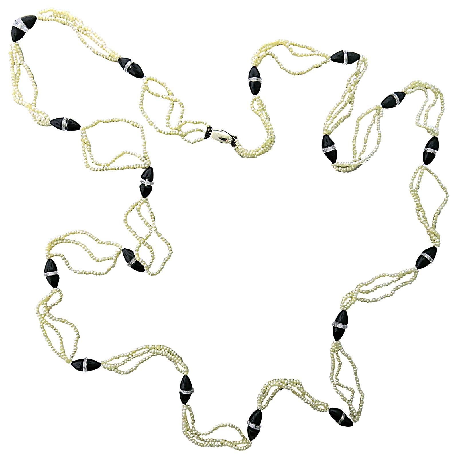 1920s Mikimoto Onyx Cut Crystal Pearl Gold Necklace 