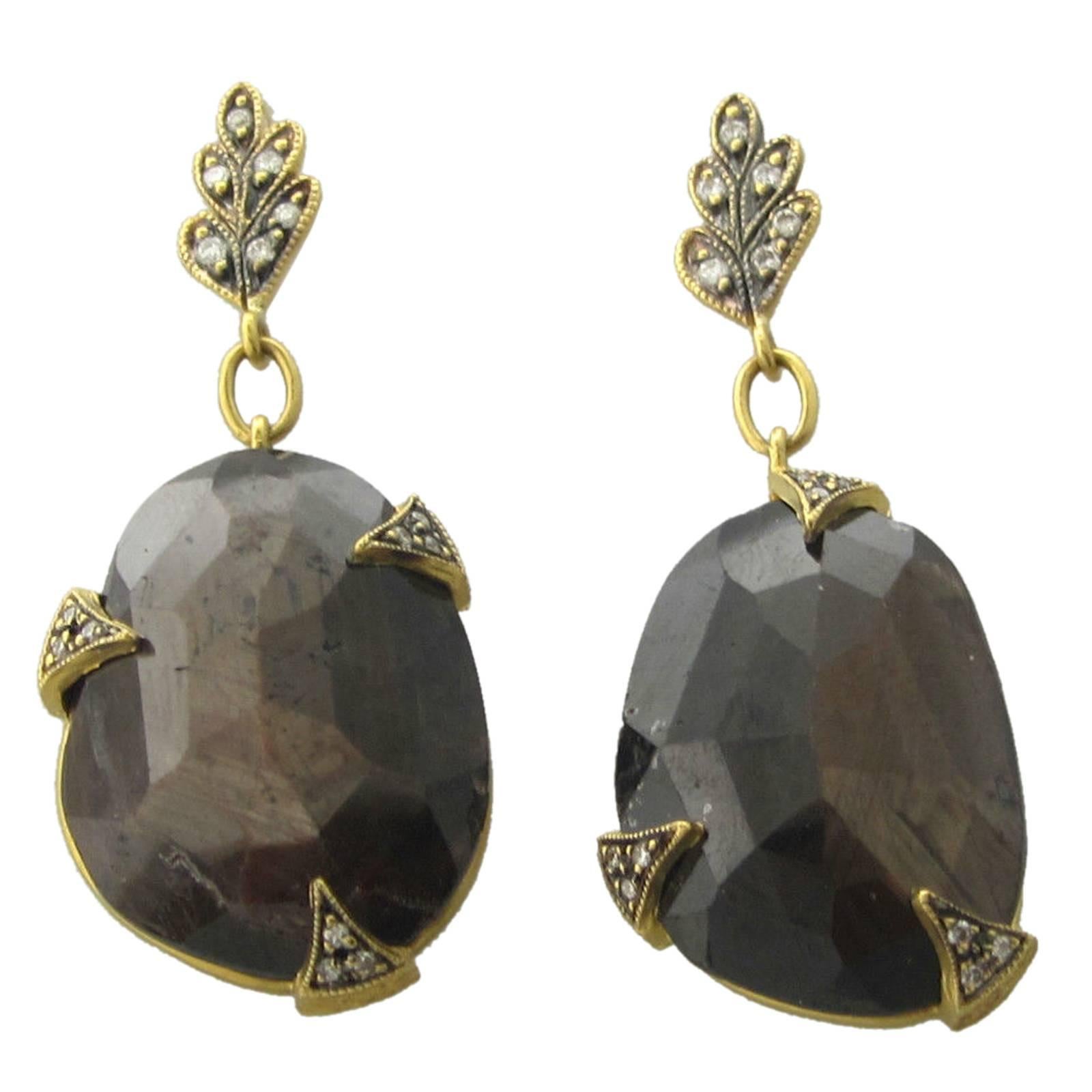 Cathy Waterman Brown Sapphire Diamond Gold Drop Earrings
