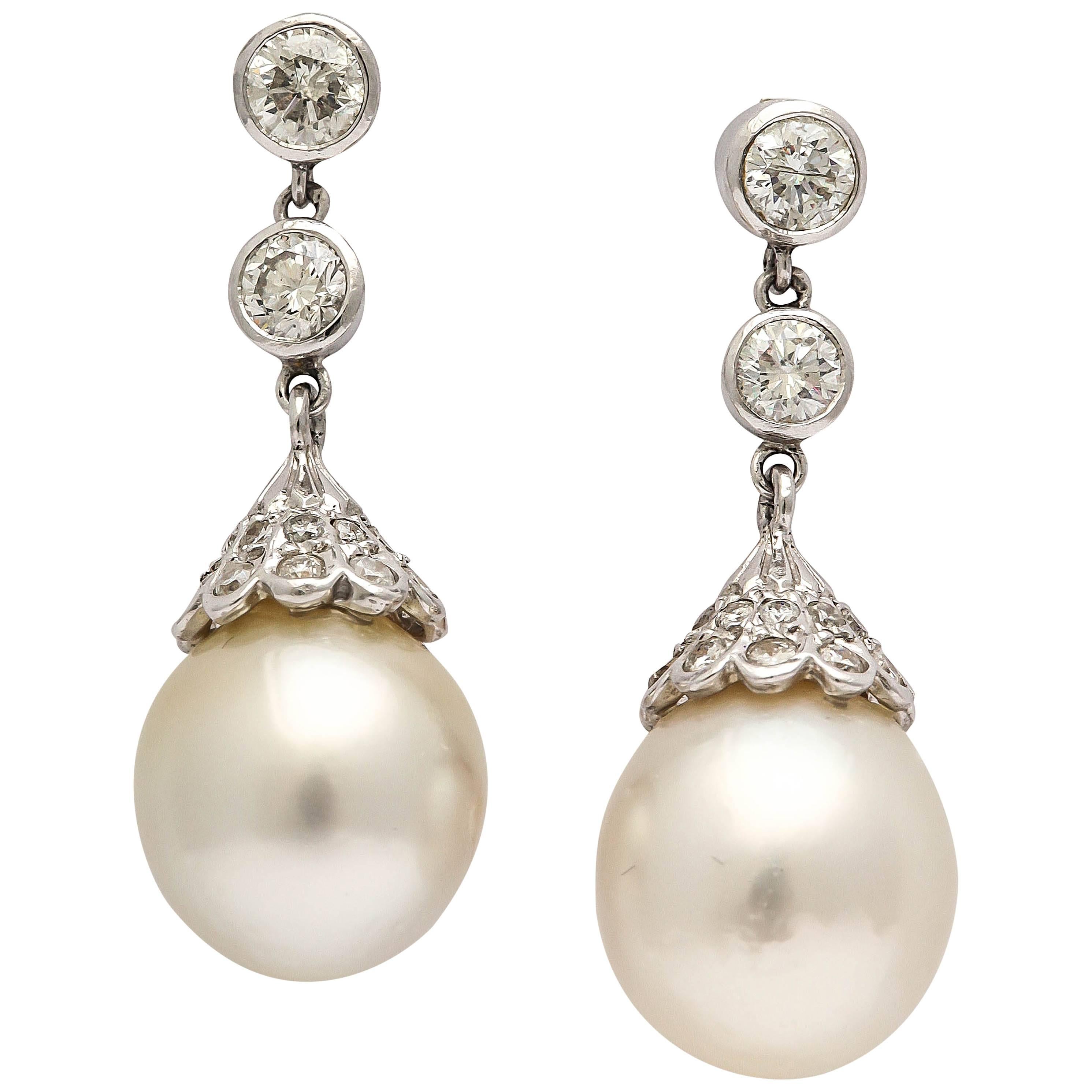 Exquisite Pearl & Diamond Drop Earrings For Sale