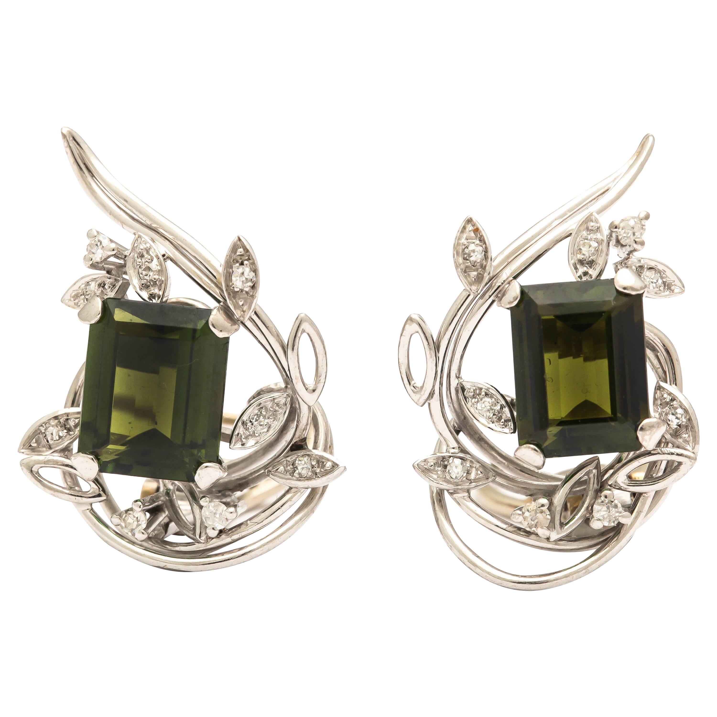 Emerald Cut Green Tourmaline Diamond Gold Earrings  For Sale