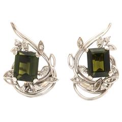 Emerald Cut Green Tourmaline Diamond Gold Earrings 