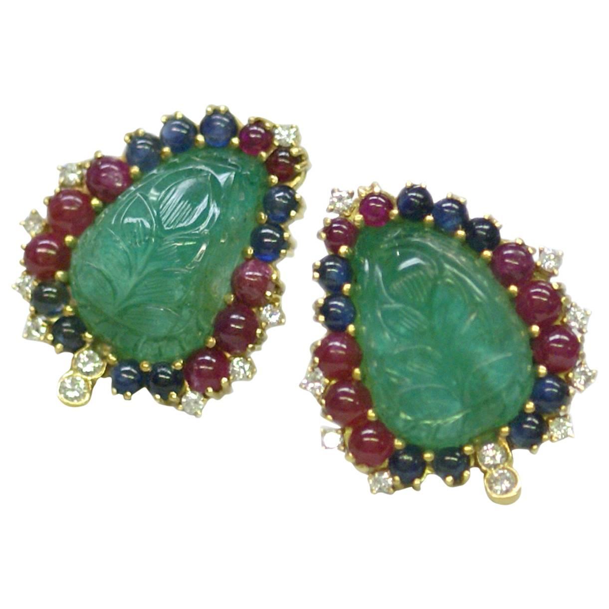 Carved Emerald Gemstone Gold Foliate Ear Clips  For Sale