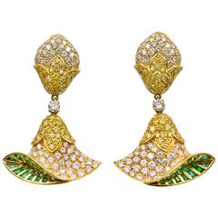 Intense Yellow and White Diamond gold belle flower Earrings 3