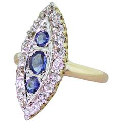Art Deco Sapphire Old Cut Diamond Gold Navette Ring