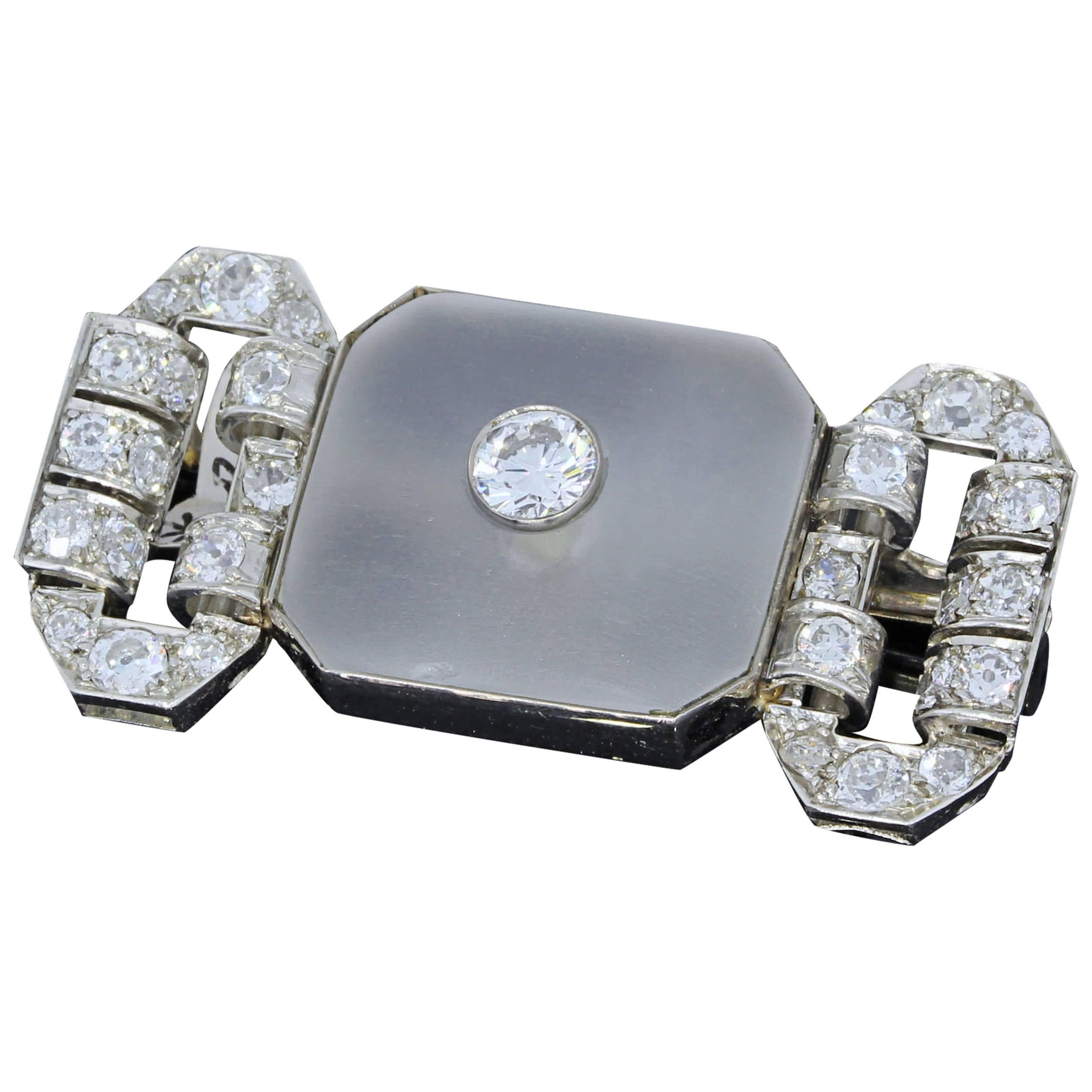 French Art Deco Rock Crystal Diamond Platinum Brooch