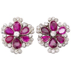 No Heat 8.00 Carat Burma Ruby Diamond Flower Earrings Earclips, circa 1930s