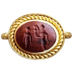 Antique Roman Intaglio '1st Cent.AD' 18 Kt Gold Ring Depicting Athena with a Winged Nike