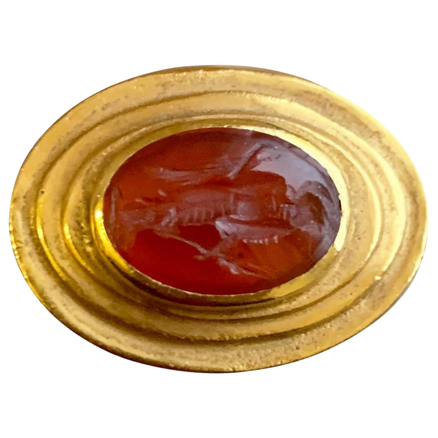 Roman Carnelian Intaglio God Hermes/Mercury 18 Kt Gold Ring '1st Cent.AD'