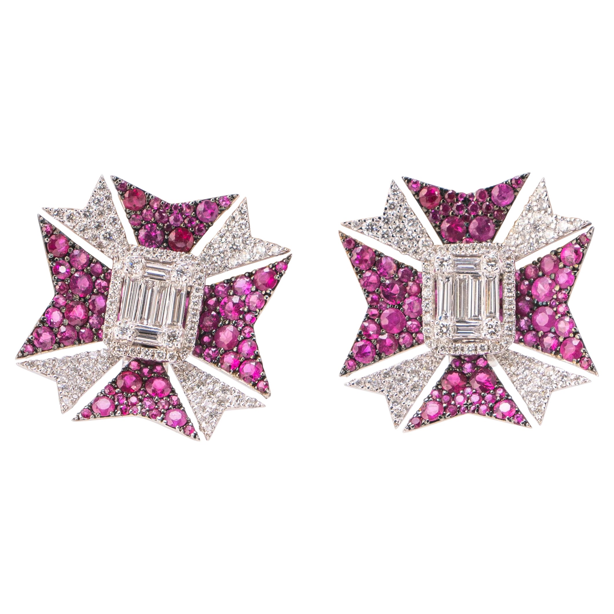 Modern Diamond and Ruby Stud Earrings