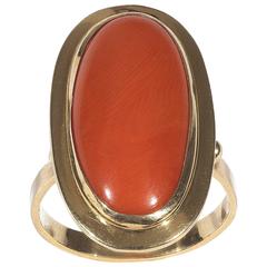 Oblong Oval Cabochon Coral Yellow Gold Ring 7