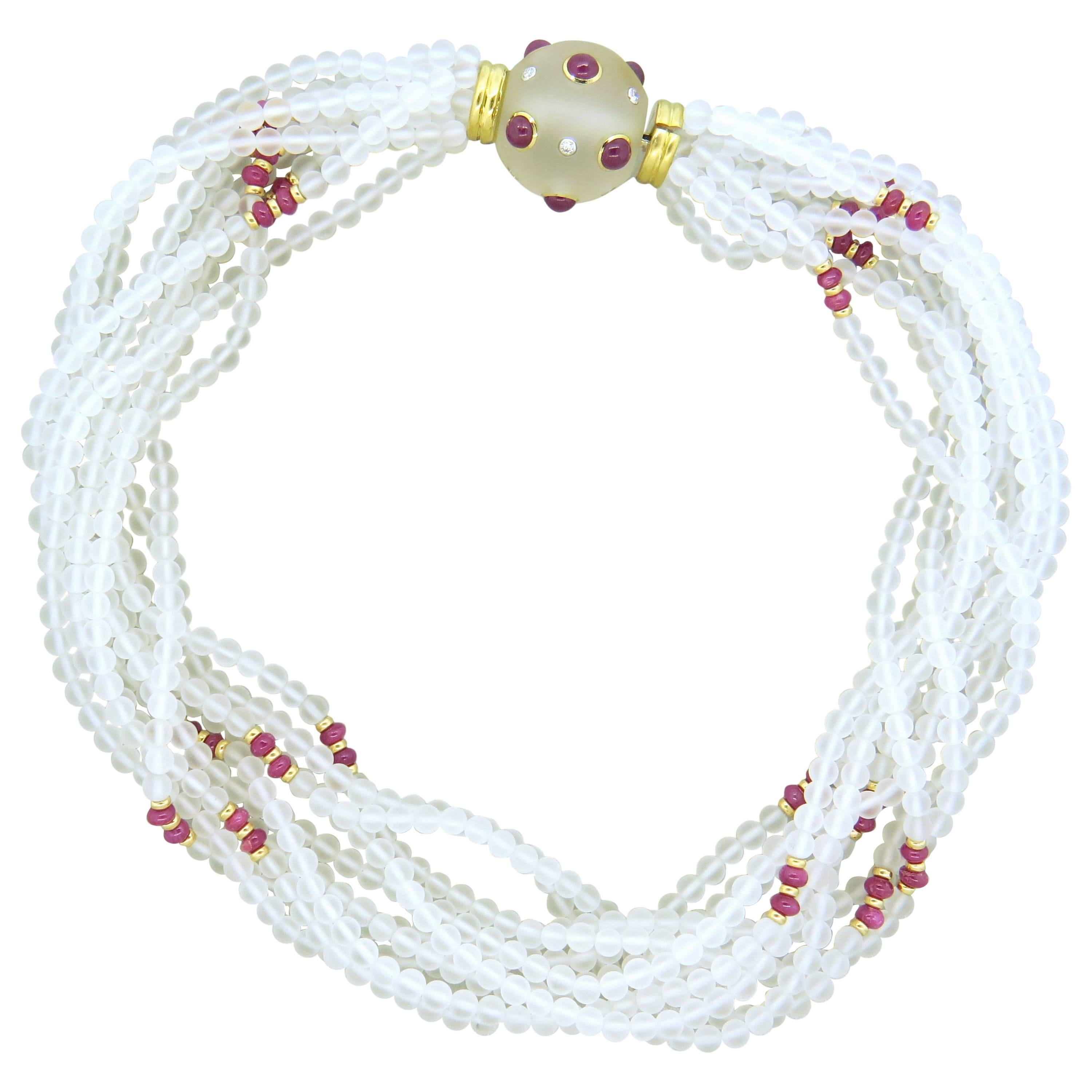 Trianon Frosted Crystal Ruby Diamond Gold Multi Strand Necklace 