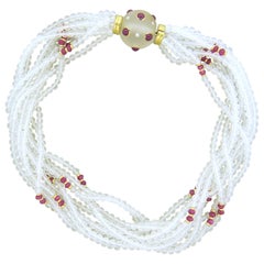 Trianon Frosted Crystal Ruby Diamond Gold Multi Strand Necklace 