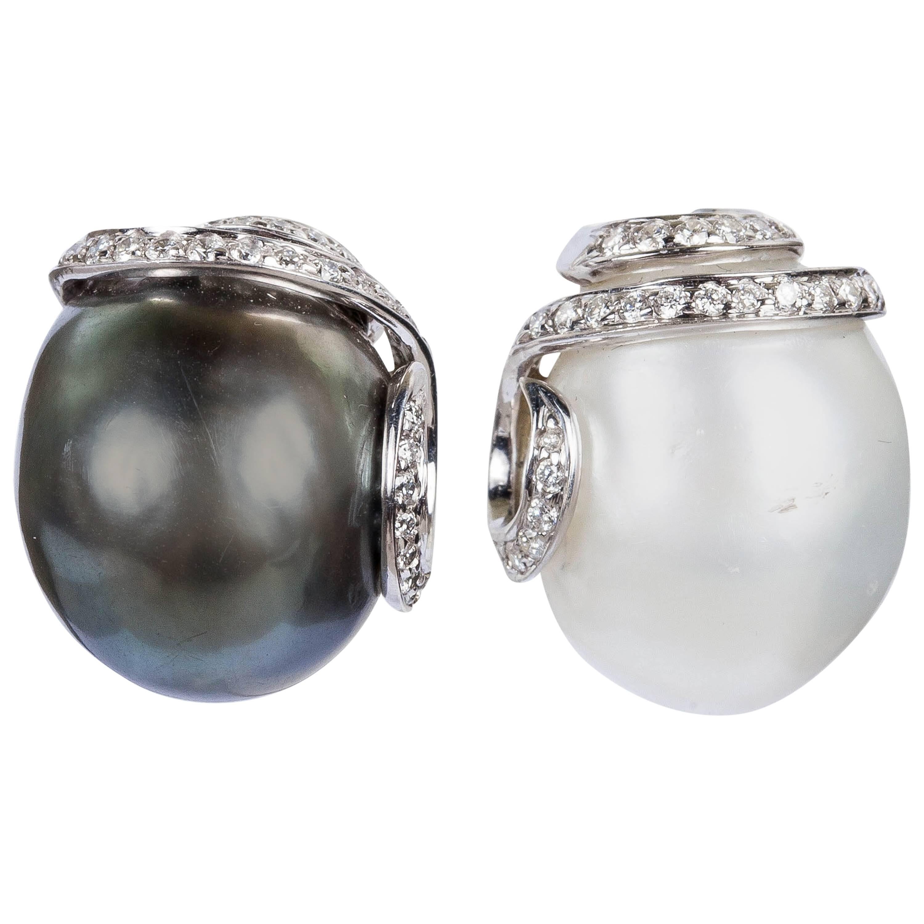 "Day and Night" White South Sea and Tahitian Baroque Pearl Diamond gold Earrings For Sale