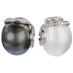 "Day and Night" White South Sea and Tahitian Baroque Pearl Diamond gold Earrings