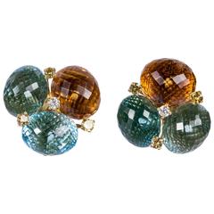 Checkerboard Oval Faceted Semi Precious Bead earrings in a gold setting