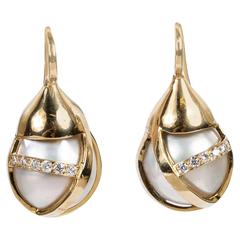South Sea Pearl Diamond Gold Drop Caged Earrings