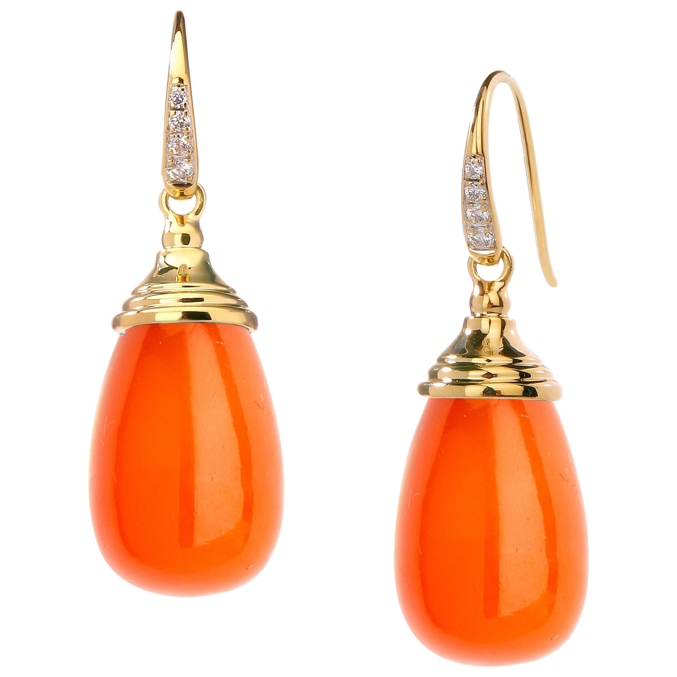 Syna Orange Chalcedony Yellow Gold Drop Earrings with Diamonds