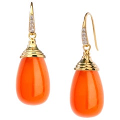 Syna Orange Chalcedony Yellow Gold Drop Earrings with Diamonds