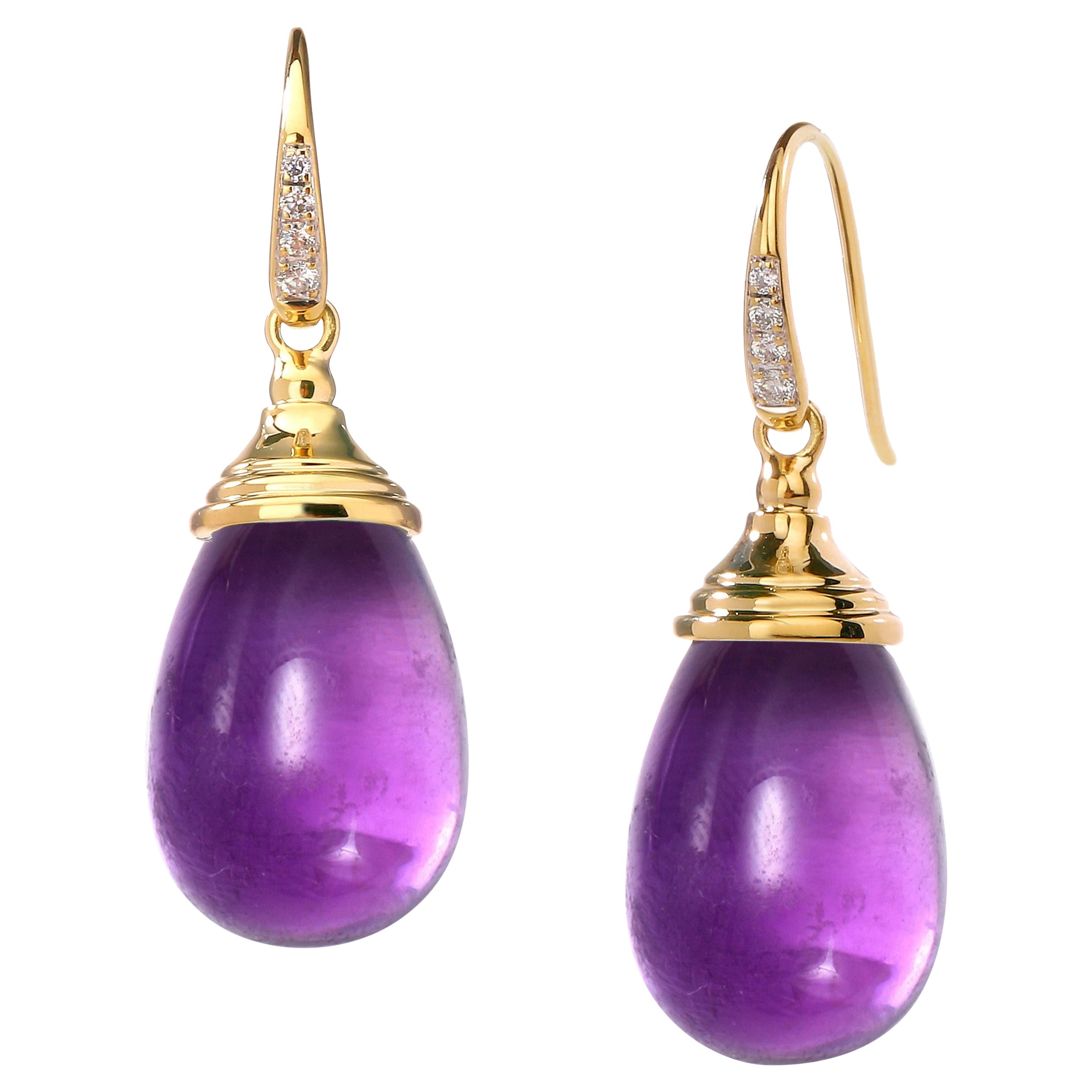 Syna Amethyst Yellow Gold Drop Earrings with Diamonds For Sale