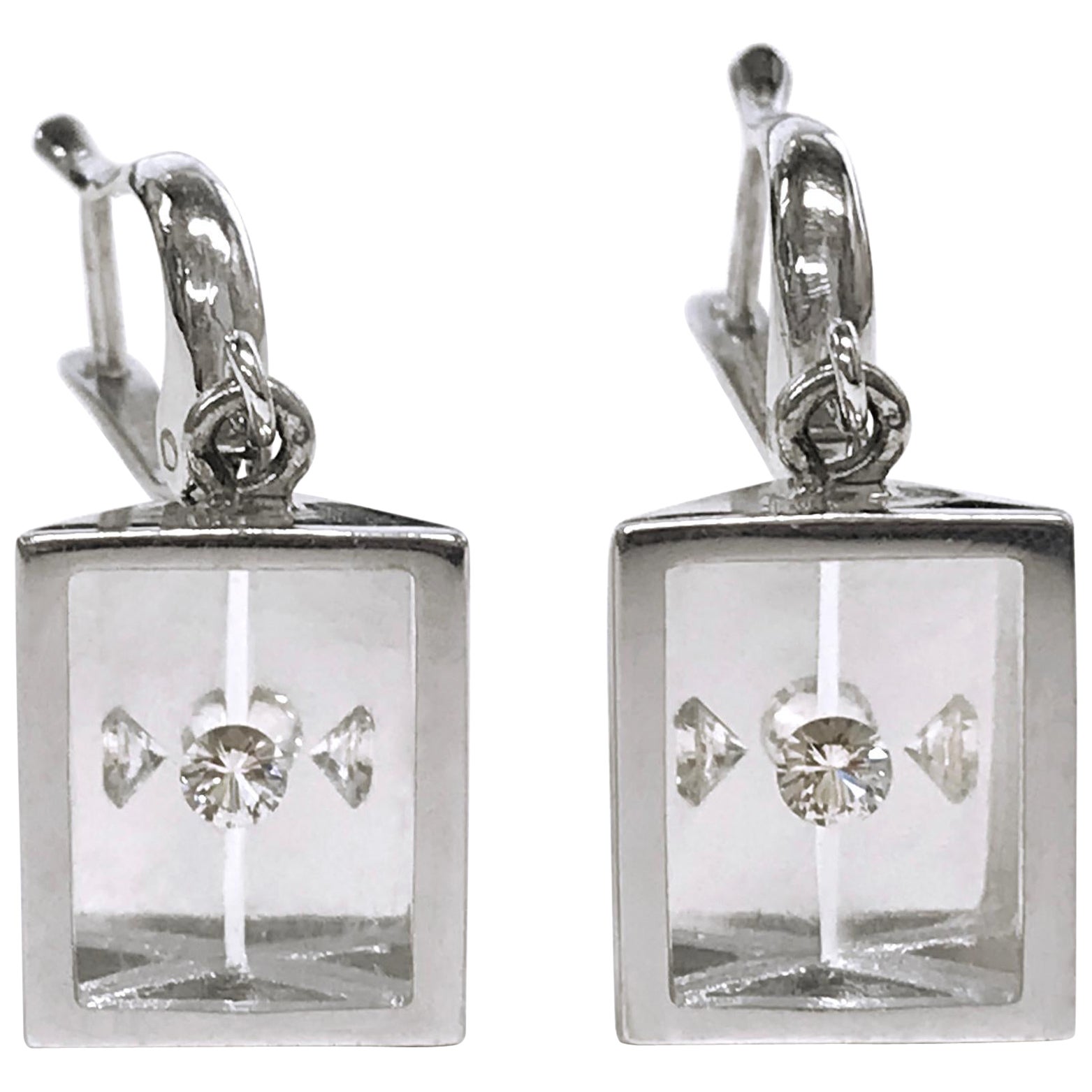 White Gold Floating Diamond Pyramid Earrings For Sale