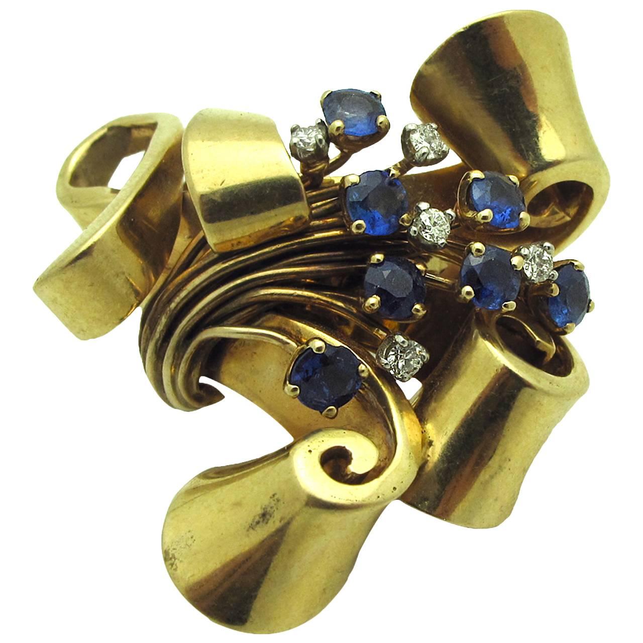 Sapphire Diamond Gold Ribbon Brooch
