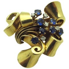 Vintage Sapphire Diamond Gold Ribbon Brooch