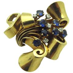 Sapphire Diamond Gold Ribbon Brooch 12