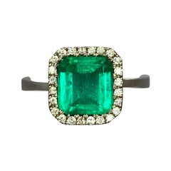 Intense Green 2.58 Carat Certified Colombian Emerald Diamond 18k Gold Halo Ring