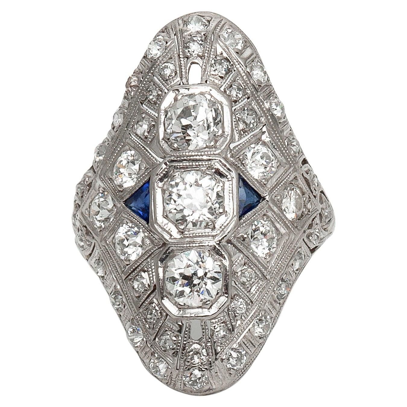 3.50 Carat Art Deco Diamond Dinner Ring with Sapphires For Sale