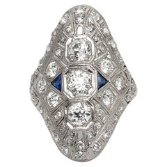 3,50 Karat Art Deco Diamant-Esstellerring mit Saphiren